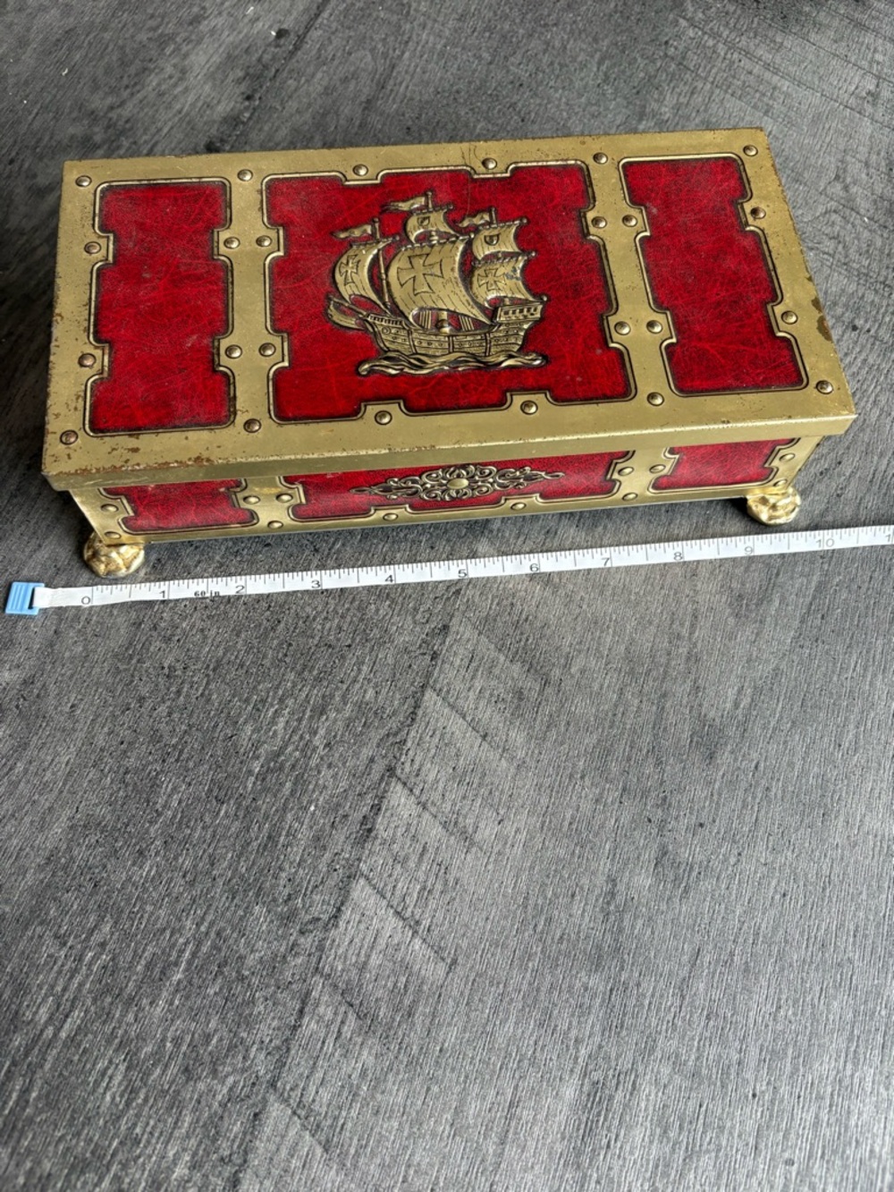 Vintage Nassauer & Kaltenbach Red Gold Nautical Themed Tin Trinket Jewelry Box